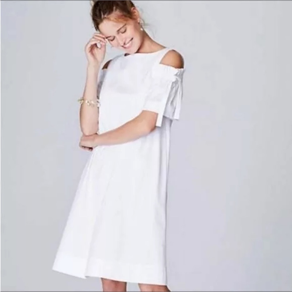 NWT J. Jill White A-Line Shift Dress With Dainty Bow Sleeve Detail Size S